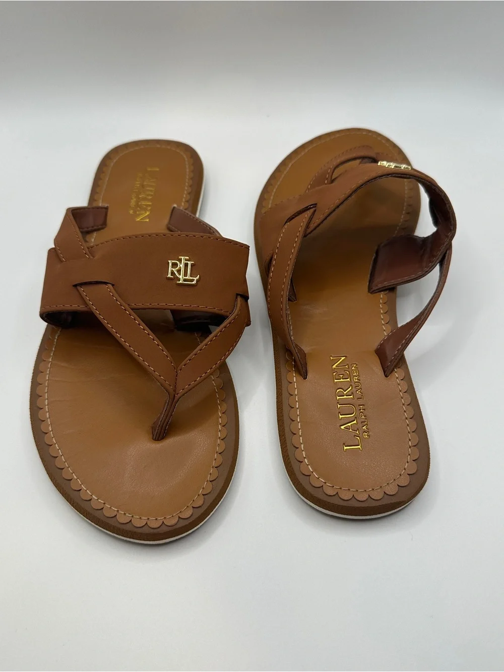 Lauren Ralph Lauren Tan Leather RL Logo Thong Sandals